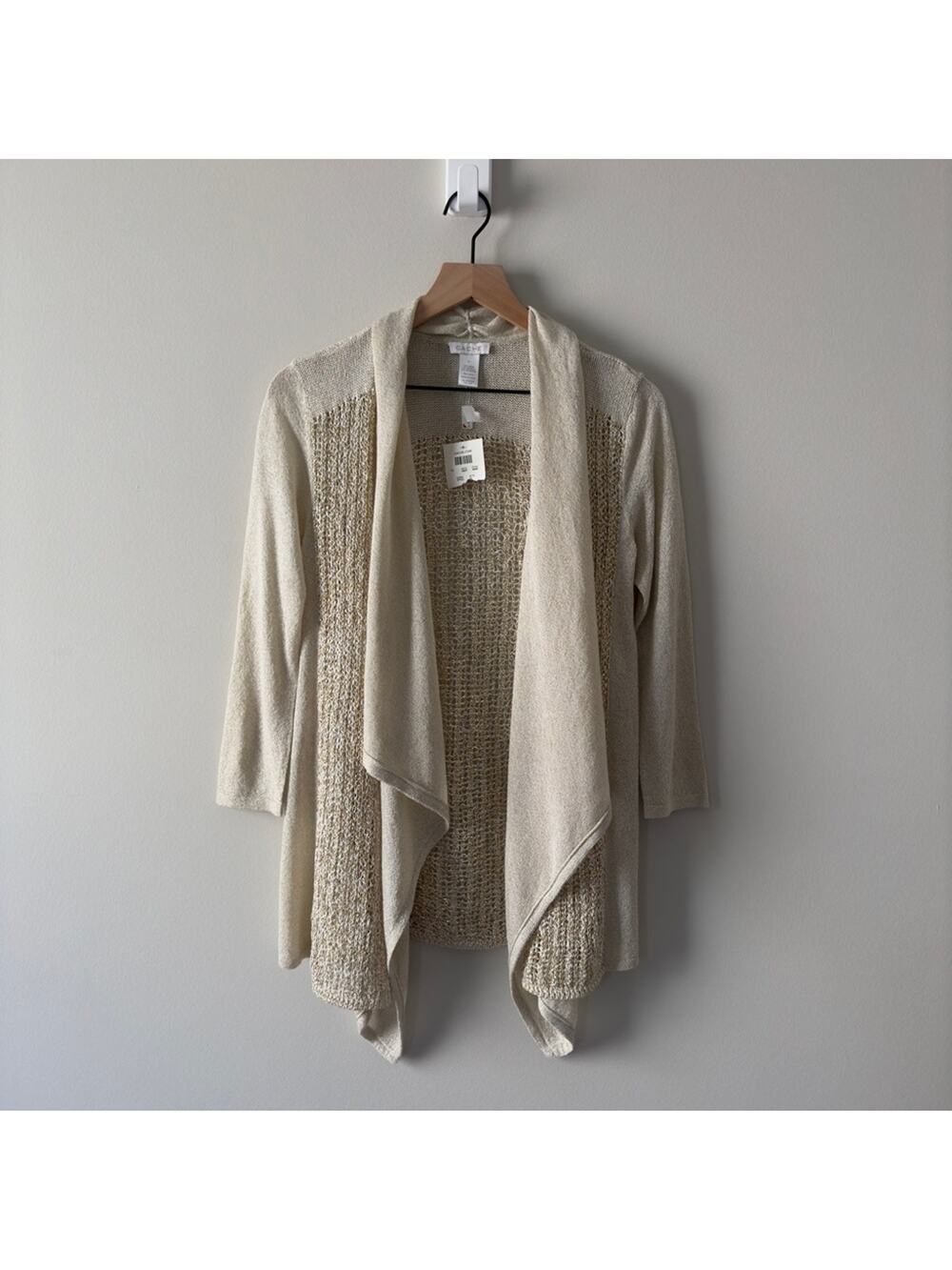 Cache metallic 3/4 sleeve open front cardigan knit sparkly fall winter autumn M